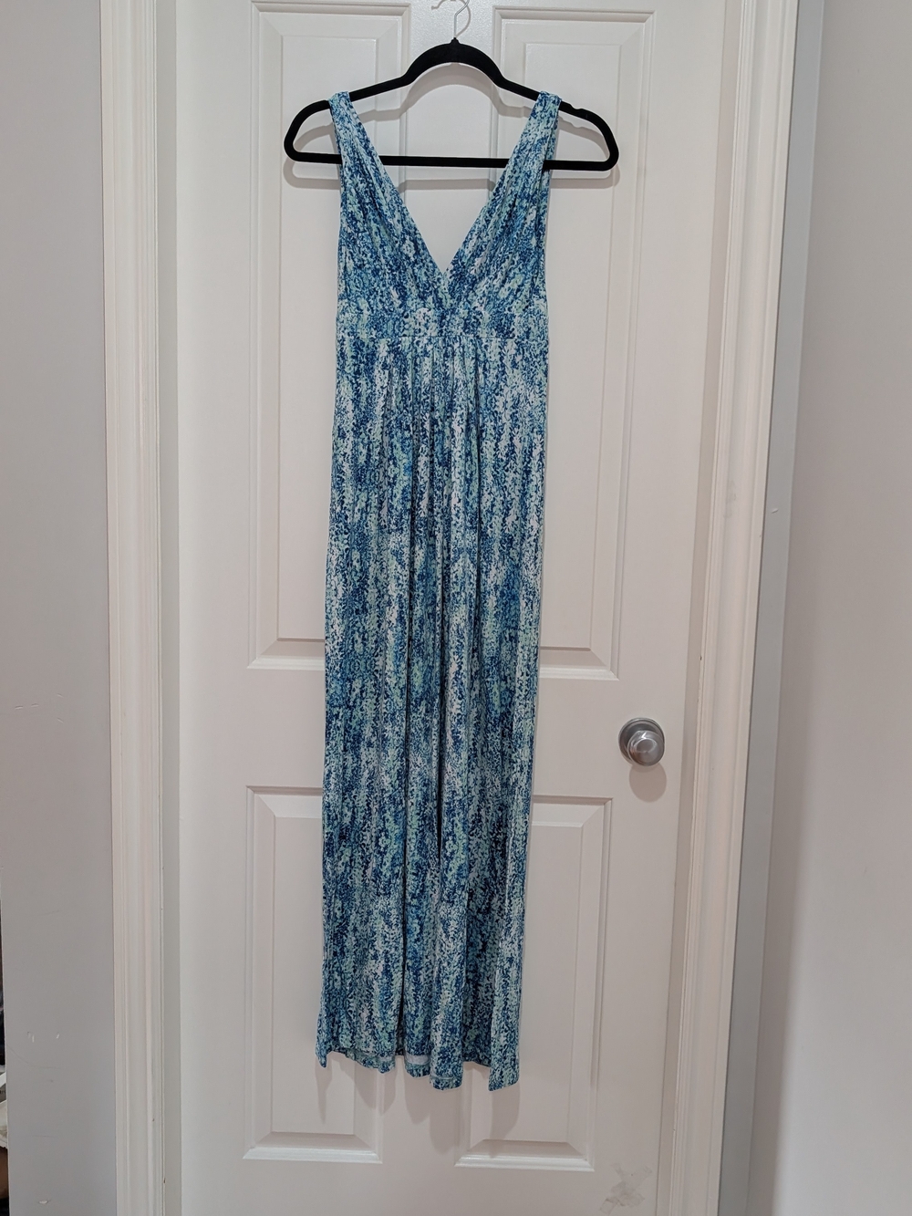 Anthropologie Blue Patterned V-Neck Maxi Dress